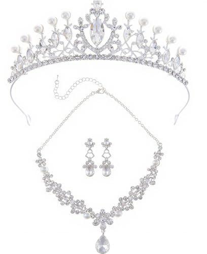 XFSRG Schmucksets für Damen Luxuriöses Kristall und Perlen Set Brautschmuck Set Silber Elegantes Schmuckset für Hochzeit und besondere Anlässe