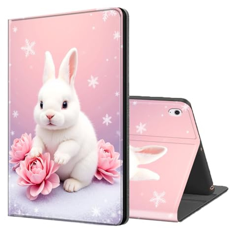 ETLKJVBL for iPad A16 Case, Stand Cover Multi Angle Viewing, Auto Sleep/Wake, White Bunny with Pink Flowers Exquisite Leather for iPad 11th Generation Case
