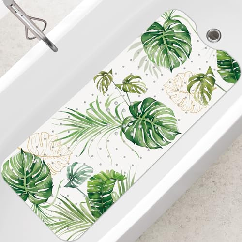SHUCHING Tropical Leaves Shower Mat Non Slip Anti Mould, Green Bath Mat Non Slip Anti Mould 100 X 40 cm Extra Long, Bathtub Mat Anti Slip for Bathroom Machine Washable