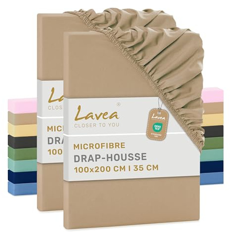 Lavea® 2er Set Spannbettlaken 100x200 cm - Sand | Mikrofaser, Bettlaken mit Rundumgummi, für Matratzen bis 20 cm, atmungsaktiv und kühlend, pflegeleicht, Spannbetttücher