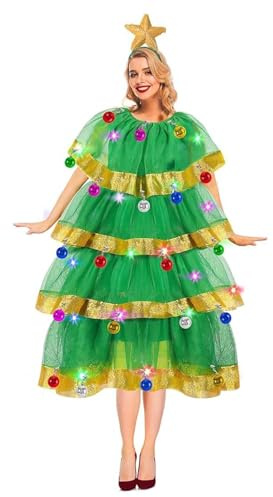 Christmas Tree Dress Costume for Women Adults Xmas Tree Cosplay Outfit Xmas Fancy Dresses Santa Dress Up Costumes Funny Hooded Sleeveless Poncho Halloween Props