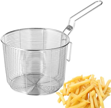 Stainless Steel Frying Baskets with Handle, Round Wire Fry Basket Deep Wire Strainer Colander for Chips, Fries, Shrimps