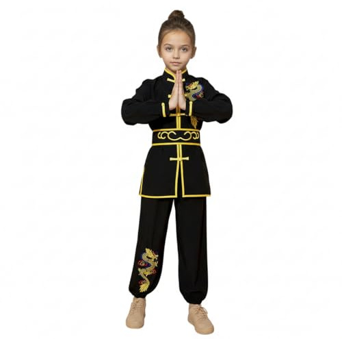 Traditional Chinese Martial Arts Uniform Dragon Embroidered Kung Fu Training Outfit for Boys and Girls (Black, 6-7 Years)