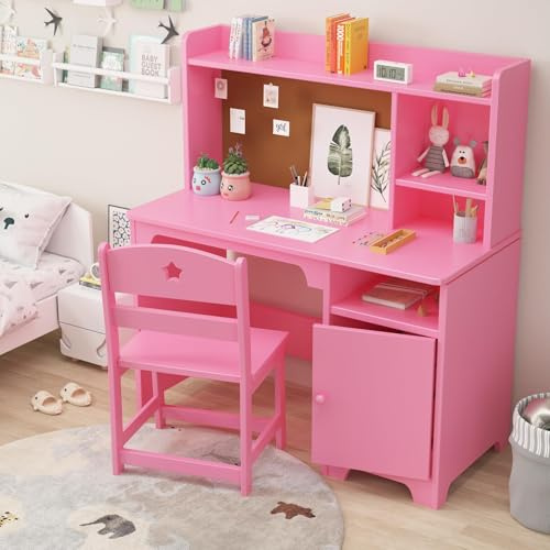 Garvee Escritorio y Silla De Estudio para Niños con Armario y Mueble De Almacenaje. Mesa De Ordenador De Madera. Espacio De Trabajo Amplio para Dormitorio o Estudio. Diseño Resistente.