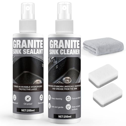 Granitspüle Reiniger, Imprägnierung für Granitspülen, Reiniger Schwarzes Spülbecken, Pflege-Set für Granitspüle mit Schwämme und Mikrofasertuch, Geeignet für Verschiedene Spülbeckenoberflächen