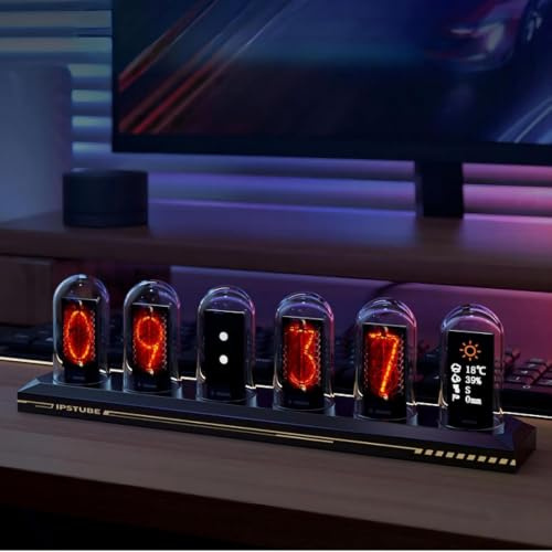 BRIMFORD Nixie Tube Clock, buntes RGB, anpassbares digitales Fotoalbum, Neuer Wettermodus, 5-Zoll-IPS-Bildschirm, App-Steuerung – EIN Retro-Geschenk für Freunde (Schwarz，Sockel ohne Leuchtfunktion)