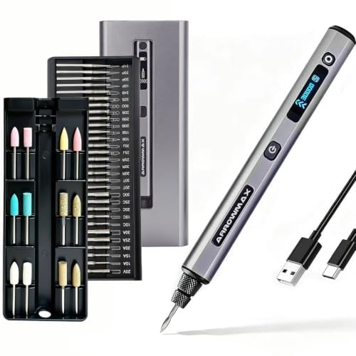 ARROWMAX 5 Gänge Mini Multifunktionswerkzeuge mit OLED, 30000 U/min | Gravierstift mit 42 Bits für Metall Holz Glas Kunststoff, Gravur-Set Bastelgeschenk für Teenager, Erwachsene & Anfänger