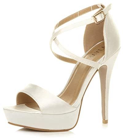 Ajvani Womens Ladies Platform high Heel Peeptoe Cross Over Strappy Shoes, 6 UK, Ivory Satin
