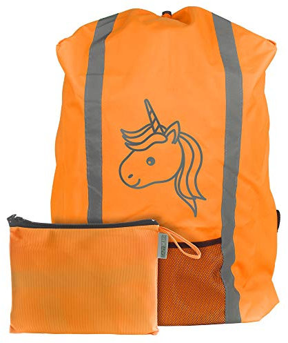 EAZY CASE Rucksack Schulranzen Regenschutz, Schutzhülle mit Reflektorstreifen, Regenüberzug, Regenschutzhülle wasserabweisend mit Reflektor und Tasche, Sicherheit im Straßenverkehr, Einhorn Orange