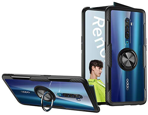 SORAKA Hülle für Oppo Reno2 mit 360 Grad drehbarem Ringständer Harter PC transparenter Abdeckung+Silikon Rahmen durchsichtige hülle mit Metallplatte für Handyhalterung Auto KFZ Magnet