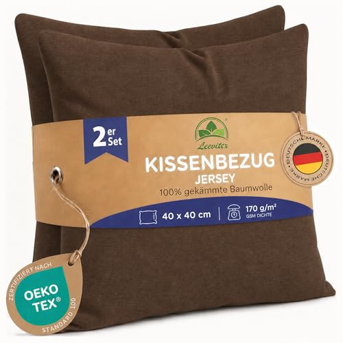 leevitex Kissenbezug 40x40cm (2er Set) - Schokobraun - 100% Baumwolle Jersey | Öko-Tex Zertifiziert · Kissenhülle 40x40 · Kopfkissenbezug 40x40 cm · verdeckter Reißverschluss · 170 g/m²