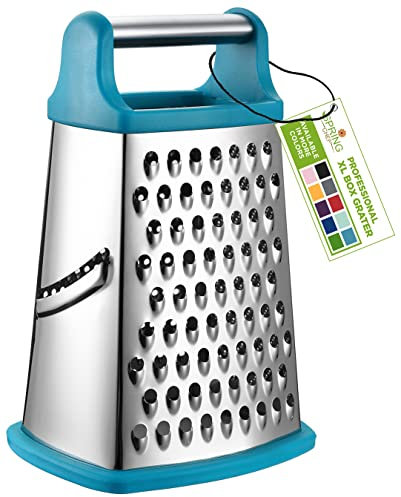 Spring Chef Professional Cheese Grater - Stainless Steel 4 Sided Handheld Box Grater for Kitchen, XL Size - Perfect Shredder for Parmesan Cheese, Veggies, Potato, Ginger - Dishwasher Safe - Teal