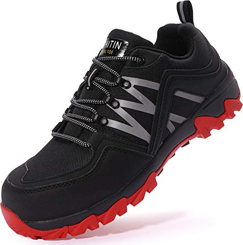 WHITIN Men's Low Steel Toe Safety Work Shoes Slip Resistant Puncture Proof Industrial & Construction Boots for Male Size 11 Waterproof Breathable Sneakers Tennis lace up Ati-Static Footwear Red