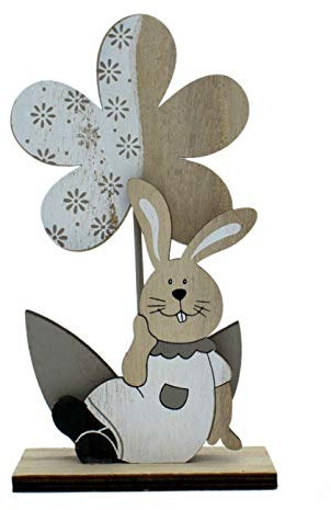 DARO DEKO Holz Hase sitzend mit Blume 10 x 18cm 1 Stück