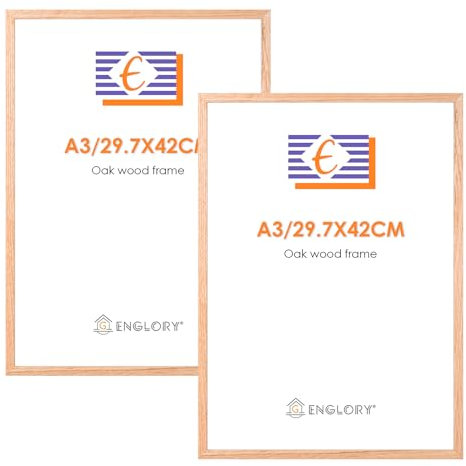 ENGLORY Marco de madera de roble A3 29,7x42 cm Marco de póster con soporte para impresión de 18x24 cm Marco de certificado Marco de imagen Marco de vidrio Perspex para colgar en la pared Juego de 2