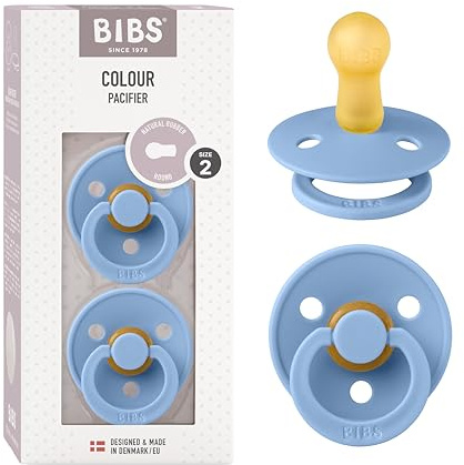 BIBS Colour Dummy, 6-18 Months, 2-Pack, Round Teat, Sky Blue | Natural Rubber Latex | Size 2 | BPA-Free | Made in Denmark | High Teat Acceptance | Airflow Holes | Comfort Shield