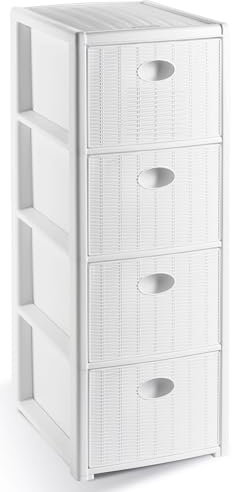 SF SAVINO FILIPPO Mobile cassettiera bianca 4 cassetti stretta slim in dura plastica di resina trama finto vimini da bagno camera ripostiglio porta tutto