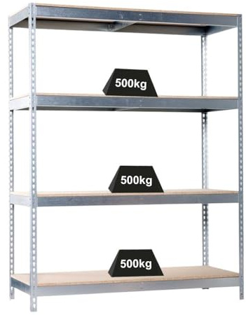 PROREGAL Schwerlastregal Wood Beast Four | HxBxT 200x210x90cm | 4 Ebenen | Fachlast 500kg | Verzinkt | Weitspannregal Werkstattregal Lagerregal Kellerregal Gargenregal
