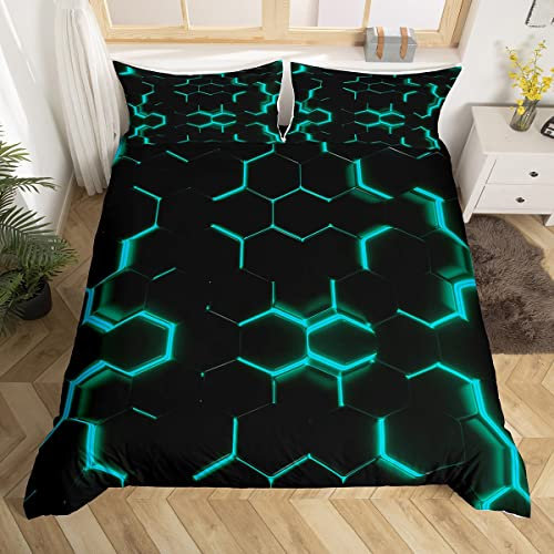 Teal and Black Print Duvet Cover Hexagonal Bedding Set Kids Boys Teens Honeycomb Decor Comforter Cover Beehive Simplistic Geometric Bedspread Cover Bedroom Collection 3Pcs Double Size