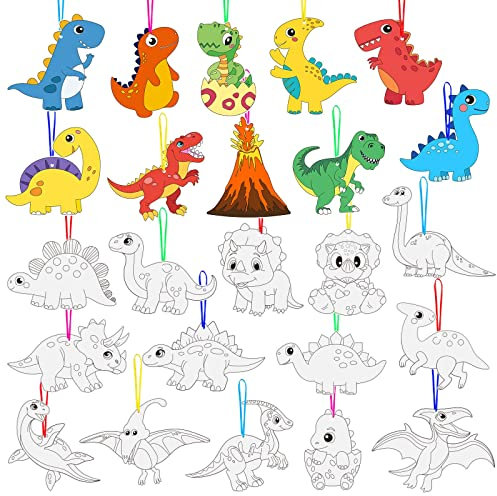 Landifor 48 Stück Dinosaurier Kinder Bastelset Dino zum Ausmalen Dinosaurier Hängedekoration mit Bändern Kreative Basteln Set für Kinder Kindergeburtstag Party