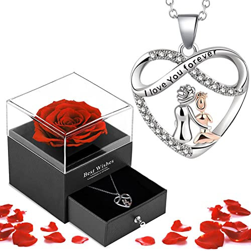 LIHELEI Konservierte Rosen Muttertagsgeschenk, Herz Kette Halskette für Damen, Echte Rose Blume Schmuck Geschenkebox für Mama Frauen am Muttertag und Geburtstag -C