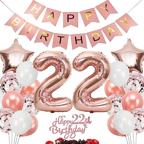 Feelairy Geburtstagsdeko 22 Jahre Mädchen, Rosegold Luftballon 22. Geburtstag Deko Mädchen, Tortendeko Happy 22th Birthday Deko 22 Jahre Mädchen, Ballon 22. Geburtstag Kinder Party Dekoration Set