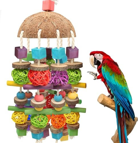 Großer Vogel Papagei Kauspielzeug, Sittichkäfig Biss Spielzeug Natur Durable Kauen Mehrfarbige natürliche Holzblöcke ,Rattan Ball und Kokosnuss Shell Tearing Spielzeug für große Vogel Amazon Papageien