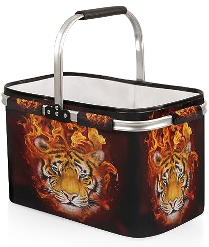 Flaming Tiger Faltbarer Marktkorb, tragbarer Einkaufskorb, großer Wäschekorb, strapazierfähig, Camping, Lebensmitteltaschen mit Griffen, faltbarer Picknickkorb für Reisen, Einkaufen, Strand