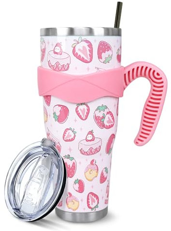 Strawberry 40 Oz Tumbler with Handle and Straw, Cute Stainless Steel Vacuum Insulated Tumbler Iced Coffee Cup Water Bottle Travel Mug, Strawberry Gifts for Women Decor Stuff Pink