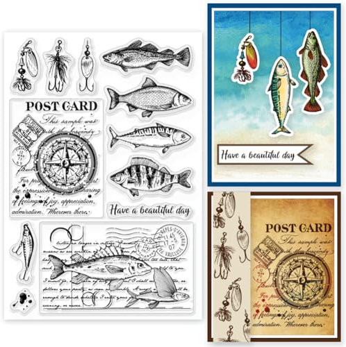 GLOBLELAND Fisch Köder Transparente Stempel für Scrapbooking Angeln Klare Stamps Vintage Hintergrund Silikonstempel Für Kartengestaltung DIY Prägung Journaling