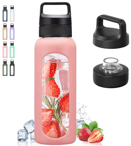 Kodrine Bouteille d'eau en verre avec couvercle à bec - 946 ml - Bouteille d'eau réutilisable avec bouchon à bec de transport - Bouteille d'eau sans paille - Passe au lave-vaisselle - Rose