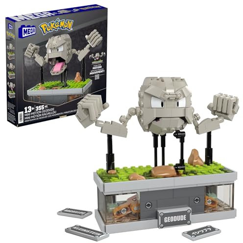 MEGA Pokémon Mini figura de Geodude con movimiento, Set de bloques de construcción que se mueven al apretar un botón, 355 piezas, juguete de colección para adultos y fans +13 años, HWR79