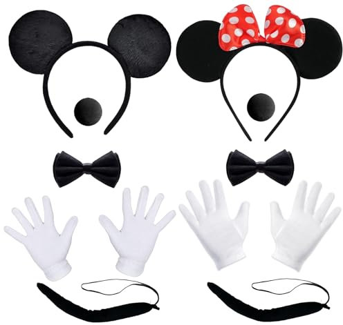 Minnie Kostüm Damen, 10 Stück Maus Ohren Kostüm Set, Maus Ohren, Mickey Haarreifen mit Mouse Ohren, Haarreifen + Handschuhe + Nase + Fliege Schleife, Mini Maus Kostüm Erwachsene, für Cosplay Party