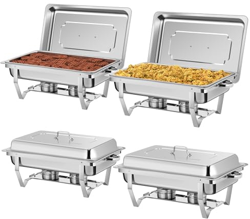 Rengue 9,5 QT Chafing Dishes, 4 Pack Premium Edelstahl Komplett-Set, Rechteckiges Chafing Dish Buffet Set, Heizung und Kühlung Chafing Dish für Versammlungen Bankette, Buffets, Partys, Hochzeiten