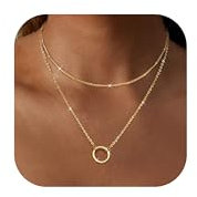 Diamday Kette Gold Damen Doppel Layered Halskette Damen Goldkette Set Zarte Mehrreihige Ketten mit Anhänger Personalisierte Choker Kette Einstellbar Halskette Rund Plättchen Herz Anhänger Modeschmuck