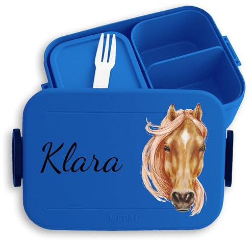 Shirtracer Mepal Lunchbox Kinder personalisiert Pferdekopf mit Name | Blau, 900 ml, Pferde, Pony, Reiterhof, Reiten, Reitsport, Schule, spülmaschinenfest, Midi, Kindergarten, Einschulung