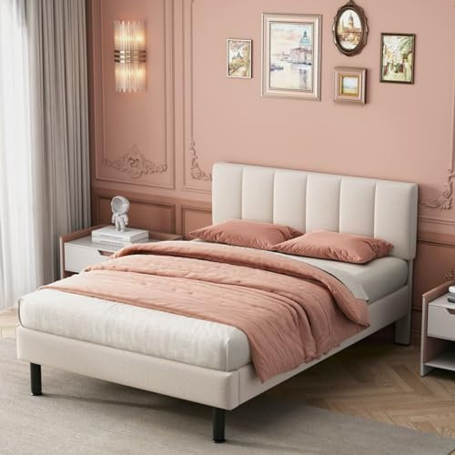 KOMHTOM Lit Rembourré avec Sommier à Lattes en Bois, Lit Plateforme avec Tête de Lit, Cadre de Lit, Minimaliste, Chambres à Coucher, Beige(sans Matelas) (140x190 cm)