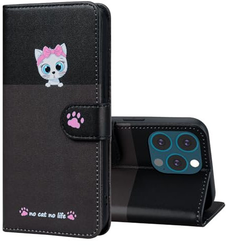 FALUWONRU per iPhone 13 Pro Carte di Credito Custodia in Pelle Cover Apple 13 Pro a libro Magnetica Custodia Custodia a Portafoglio di Cane e Gatti Cartoon per Donne,Nero&Gigio Scuro