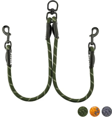 Floxik Tau Doppelleine für 2 Hunde grün - reflektierend, dehnbar und verhedderungsfrei – Doppelte Hundeleine zum Koppeln - perfekt für mittelgroße bis große Hunde