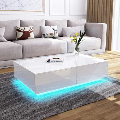 Coffee Table,Coffee Table with LED RGB Lights High Gloss Coffee Storage Table for Living Room Rectangle Centre Table with 4 Drawers Home Office Furniture 95 x 60 x 31cm (White+2.5M LED)