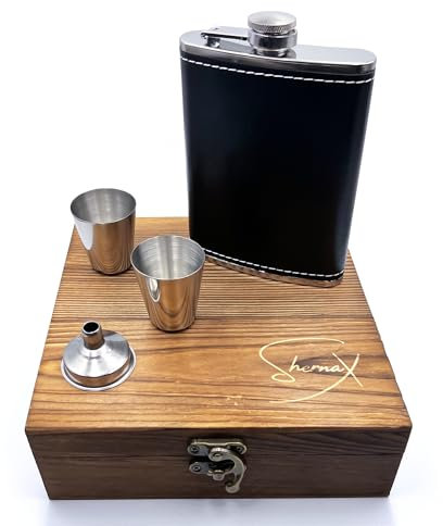 Regalos originales para hombre, juego de petaca, vasos y embudo. Petaca de alcohol, whisky, jack daniels. En caja de madera elegante, Shernax.