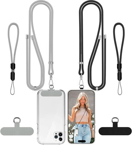 COSASES Phone Lanyard Crossbody 2 Pack Adjustable Anti-Theft Strap for Neck and Wrist - Compatible with Most Mobile Phones - 2 Patches Black/Grey