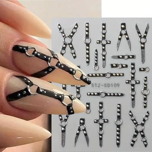 Lilbitty 2PCS 5D Embossed Gothic Punk Nagelsticker, Nagel Sticker Selbstklebend Kreuz und X-Form Halloween Nagelaufkleber, Nageldesign Zubehör für Damen Nail Art