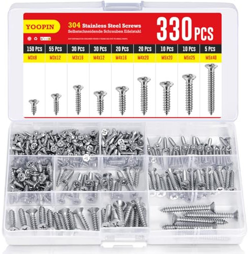 YOOPIN Selbstschneidende Schrauben 330 Stück Schrauben Set, M3 M4 M5 A2 V2A Edelstahlschrauben Set, Senkkopf Holzschrauben Set, 9 Größen Edelstahl Schrauben Sortiment, Holzschrauben Edelstahl für Holz