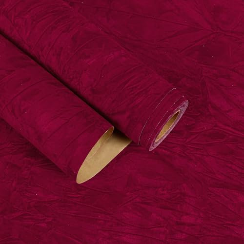 EaseStick 15.7''x160'' Red Velvet Wallpaper Peel and Stick Flocking Liner Self Adhesive Red Fabric Vinyl Wallpaper for Bedroom Jewelry Box Drawer