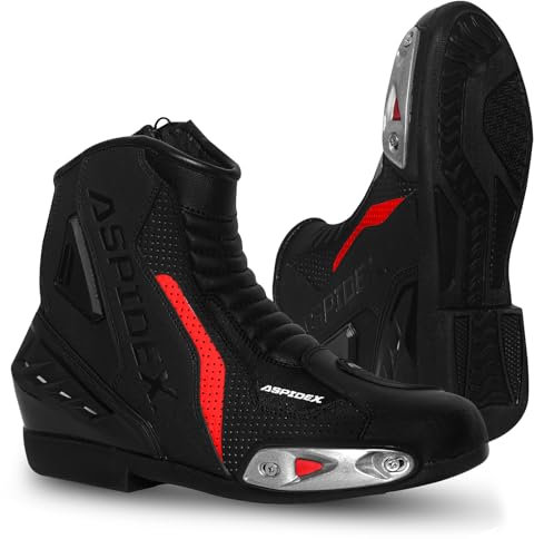 Stivali da moto da uomo Stivali da moto in pelle sportivi Scarpe da moto con suola in gomma nera Stivali comodi in pelle da motociclista (Rosso, Sistema Taglie Calzature EU, Adulto, Numero, Media, 43)