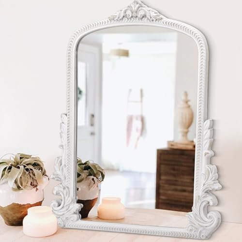 Lzuso Antiker Spiegel für Wand Traditionelle Verzierte Bogen Barock Spiegel Vintage Holz Hängende Arendahl Spiegel Dekorativ für Schlafzimmer Wohnzimmer Eingang Bad Kamin Dekor 50x40cm Weiß