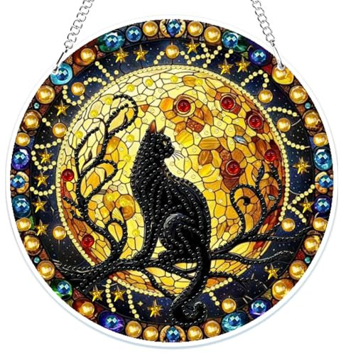 MOGTAA 5D Diamond Painting Anhänger, Katze Diamond Painting mit Kette Kinder Erwachsene, Tiere Diamant Painting Fensterbilder, Hängende Ornament Set für Wand Und Eingang Decor