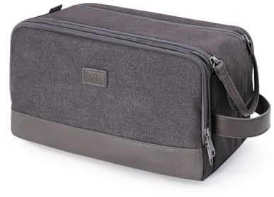 WANDF Toiletry Bag for Men Travel Wash Bag Toiletry Organizer Canvas and PU Leather Dopp Kit Water-Resistant Shaving Kit for Travel Accessories (Grey, Patent Pending)