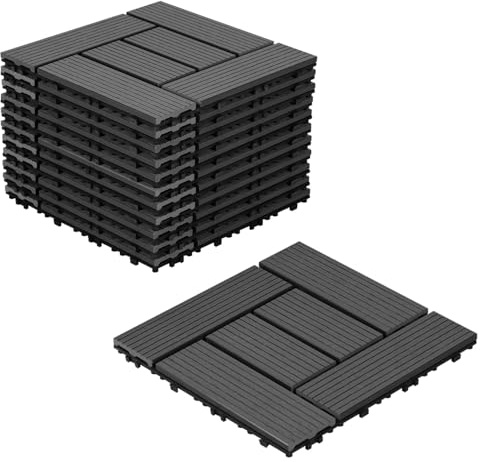 Lospitch WPC Terrassenfliesen, 11 Stück für 1m² WPC Fliesen 30x30 cm Balkon Bodenfliese, Terrassendielen Balkonfliesen Klickfliesen mit Klick-System, Terrassendielen Wasserfest, Anthrazit